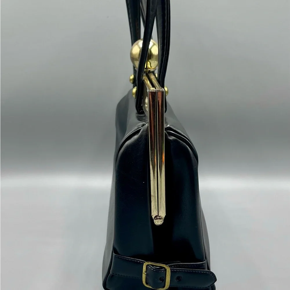 Vintage 1960s Faux Leather Handbag, Black, Ball Clasp, Framed, Art Deco